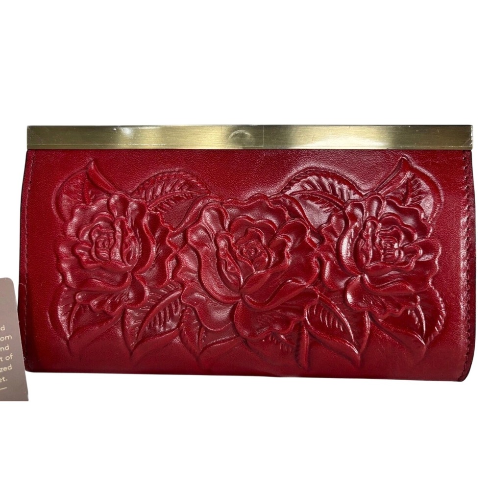 Patricia Nash Red Tooled Leather Rose Embossed Terresa Frame Kiss Lock Wallet - Picture 2 of 4
